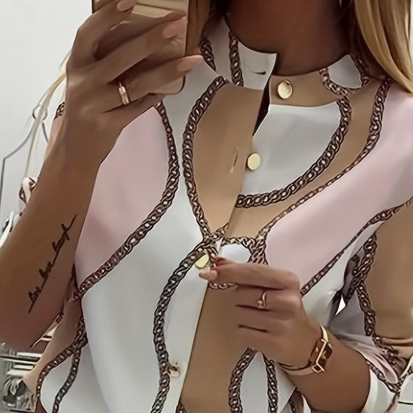 Plus Size Pink Colorblock Chain Print Button Up Roll Up Sleeve - Picture 2 of 11